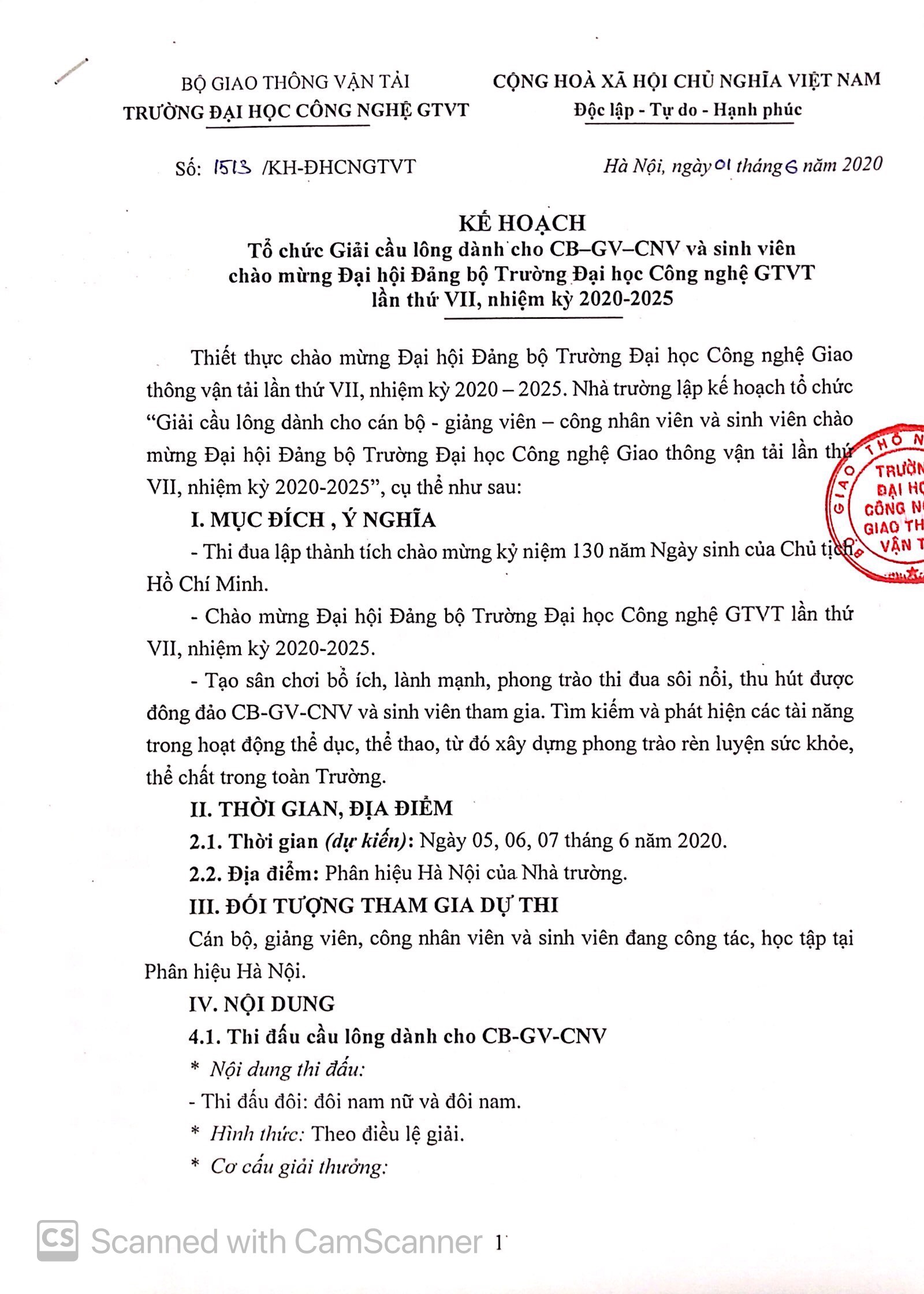 Kế hoạch tổ chức Giải cầu lông CB-GV-CNV và sinh viên Chào mừng Đại hội Đảng bộ Trường...